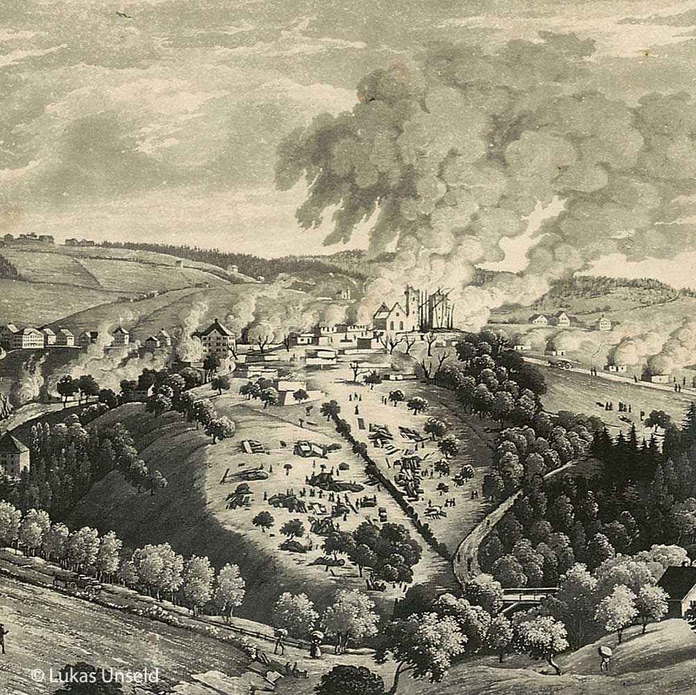 historische Zeichnung vom Dorfbrand Heiden
