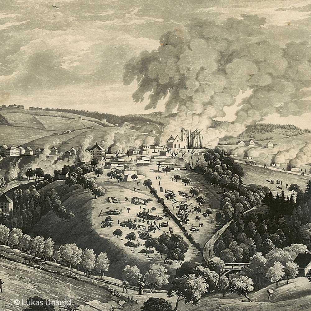 historische Zeichnung vom Dorfbrand Heiden